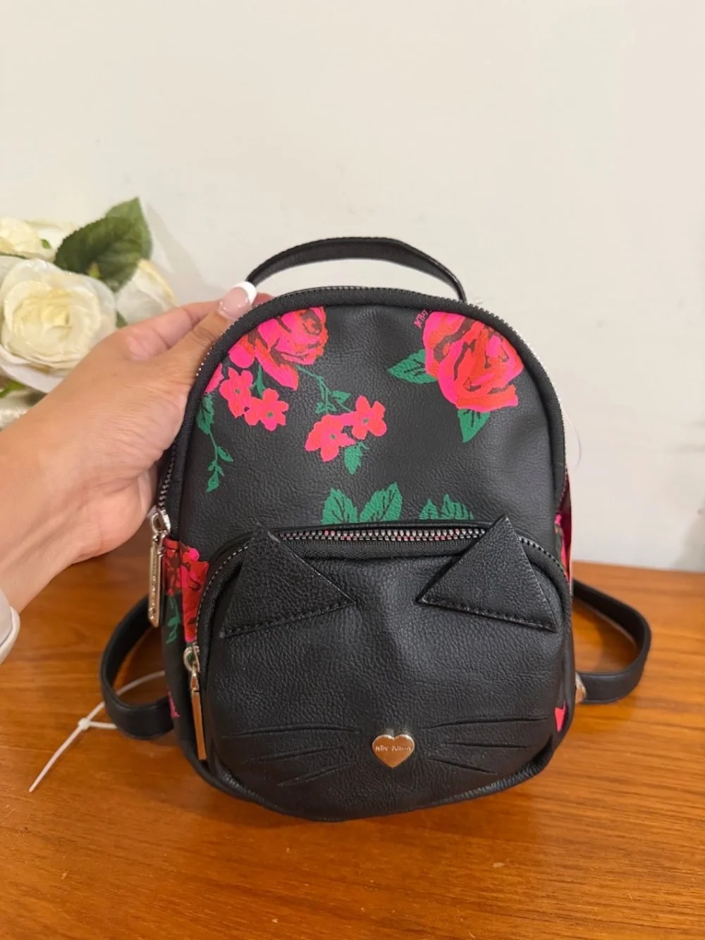 Betsey Johnson Mini Backpack Rose & Black Cat Face NWT